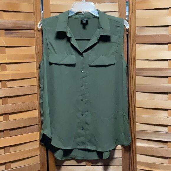 Worthington Olive Green Notched Collar Button Down Blouse Sleeveless Women L - Picture 1 of 6
